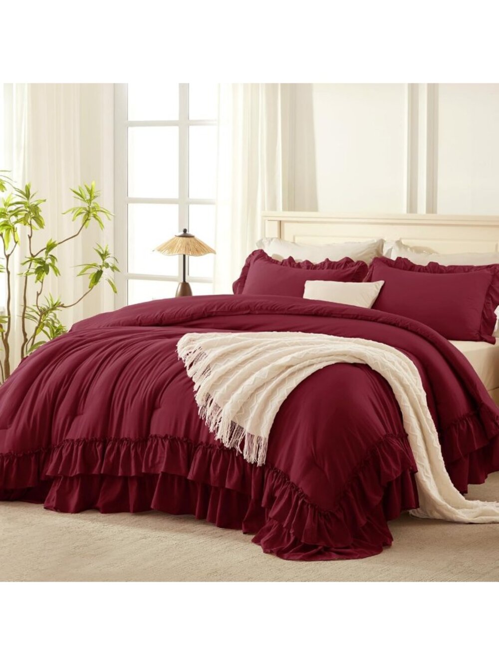 Burgundy Ruffle 3-Piece Full Comforter Set - Cozy Bedding for Stylish Bedrooms